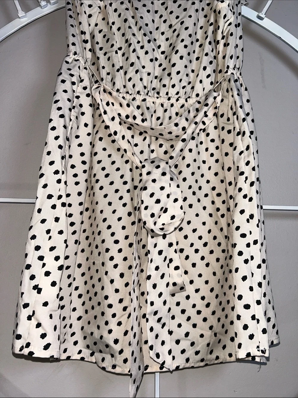 Motherhood Maternity Cream Dress with Black Polka Dots and Ruffle V-Neck - Picture 6 of 9